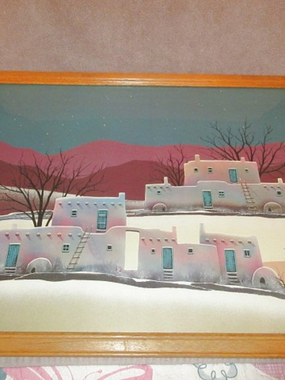 Vtg 80s Dorothy Drum Southwest Moon Original Art Print Adobe Night Village